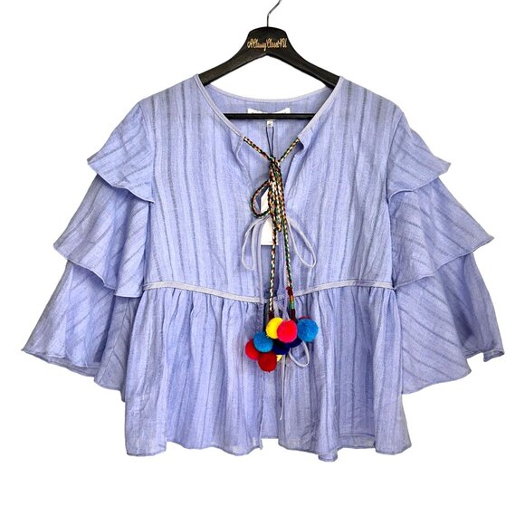 English Factory Blue Layered Cotton Tie Front Pom Pom Blouse S - Picture 2 of 8
